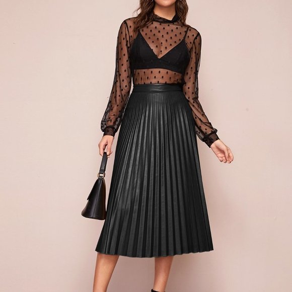. Dresses & Skirts - Black Preppy Womens Zipper Side Pleated PU Skirt Workwear